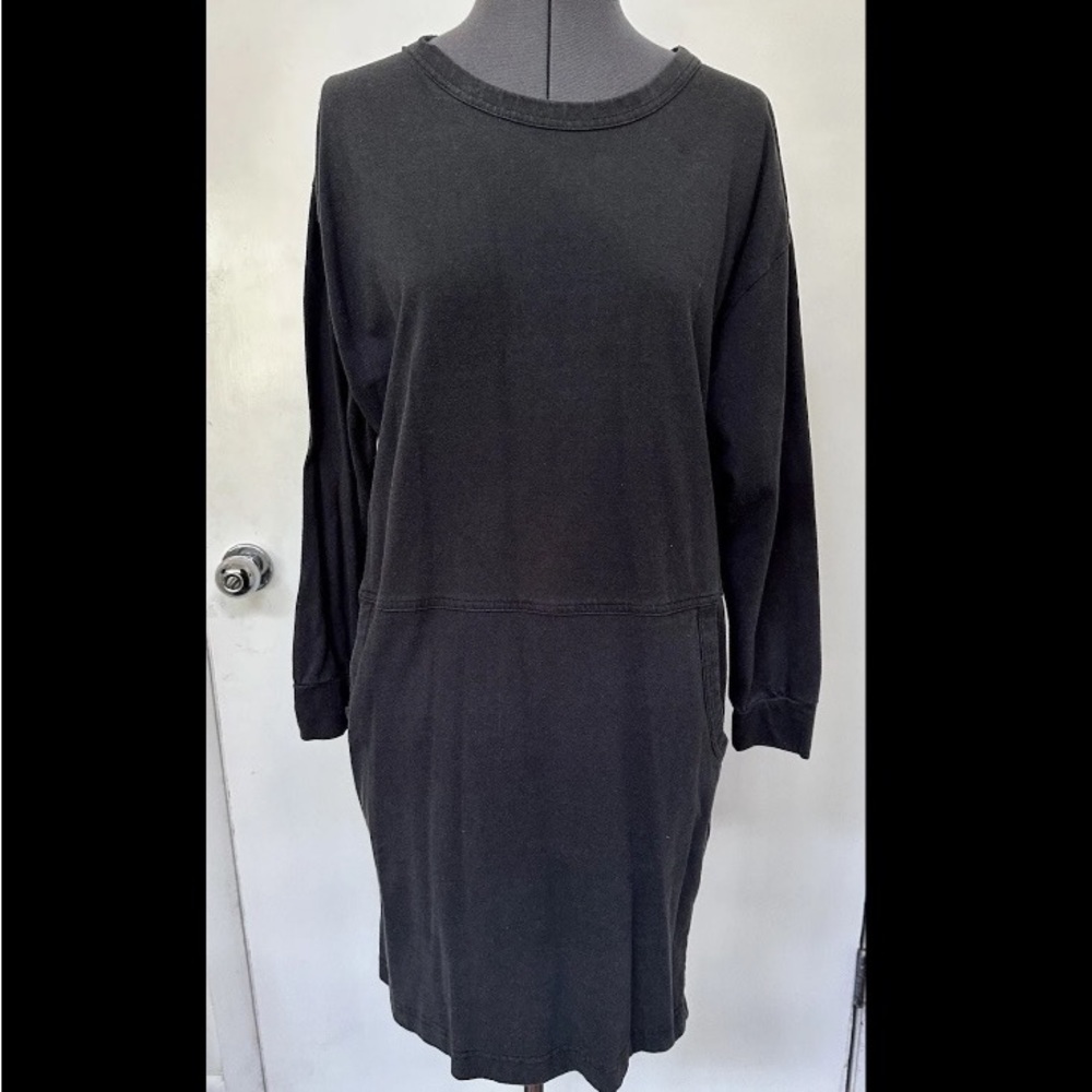 VINTAGE 1990s CALIFORNIA STYLE BLACK COTTON KNIT MINI DRESS POCKETS PETITE L LP